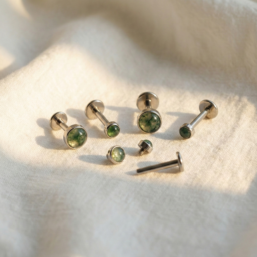 ASTM F136 Titanium Natural Moss Agate Stud (16G)