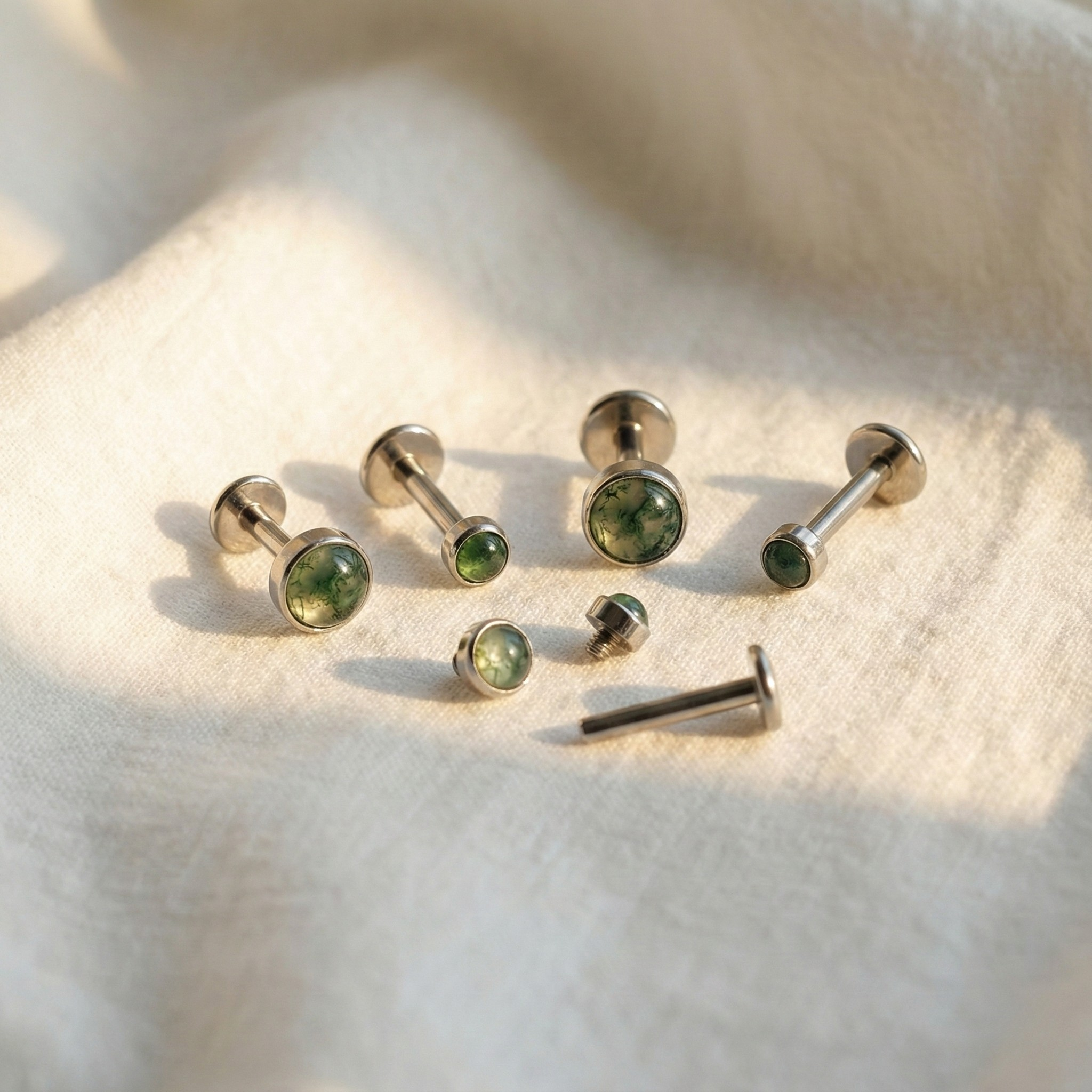 ASTM F136 Titanium Natural Moss Agate Stud (16G)