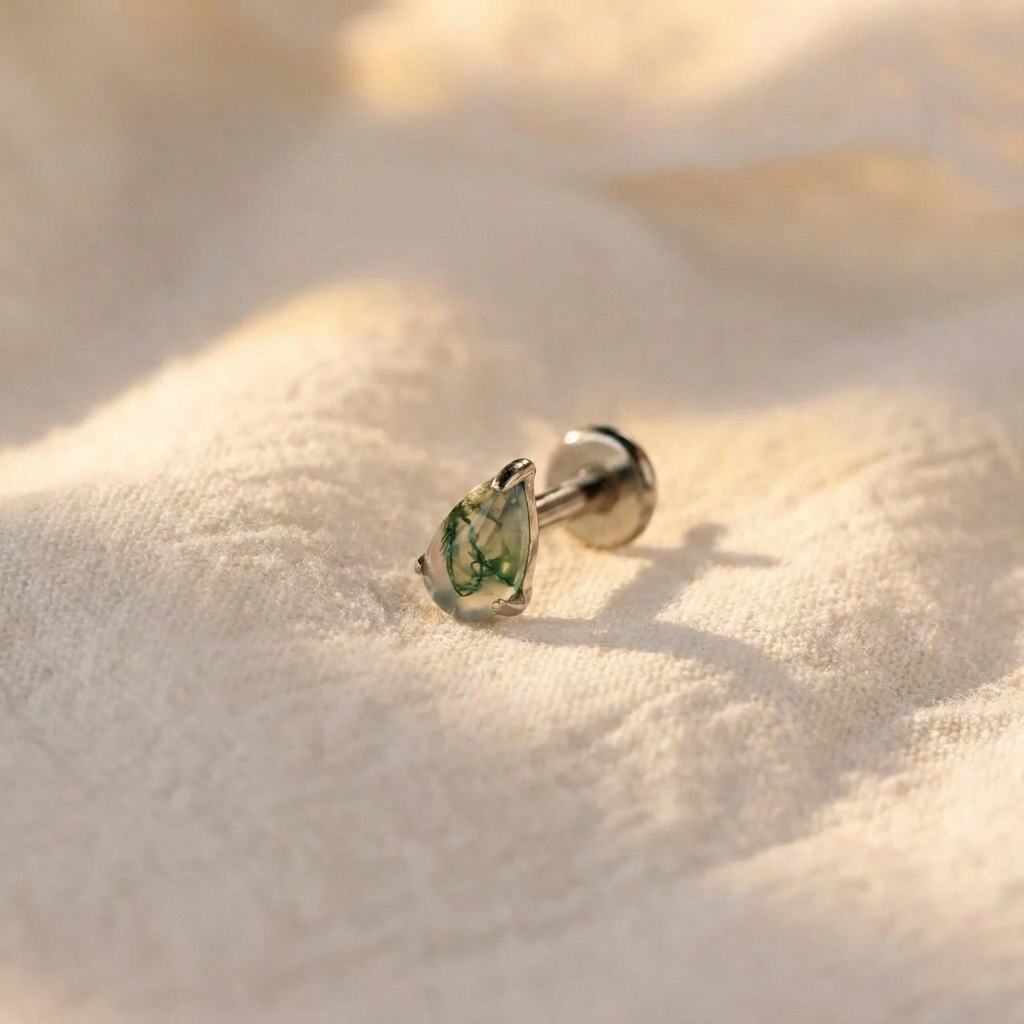 Green Moss Agate Flat Back Earring - 16G Titanium Helix & Tragus Jewelry