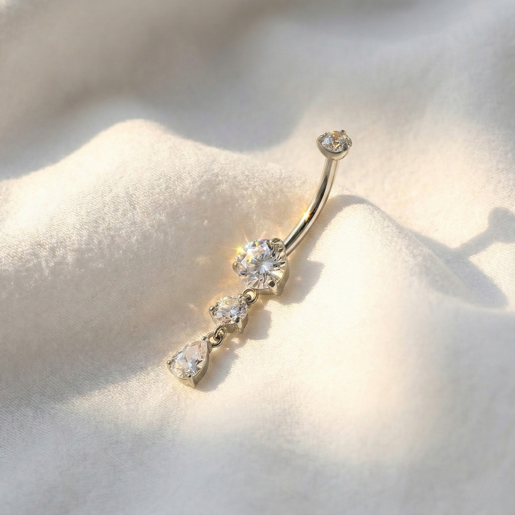 14G Teardrop CZ Dangle Titanium Belly Ring - Sparkly Navel Jewelry ASTM F136