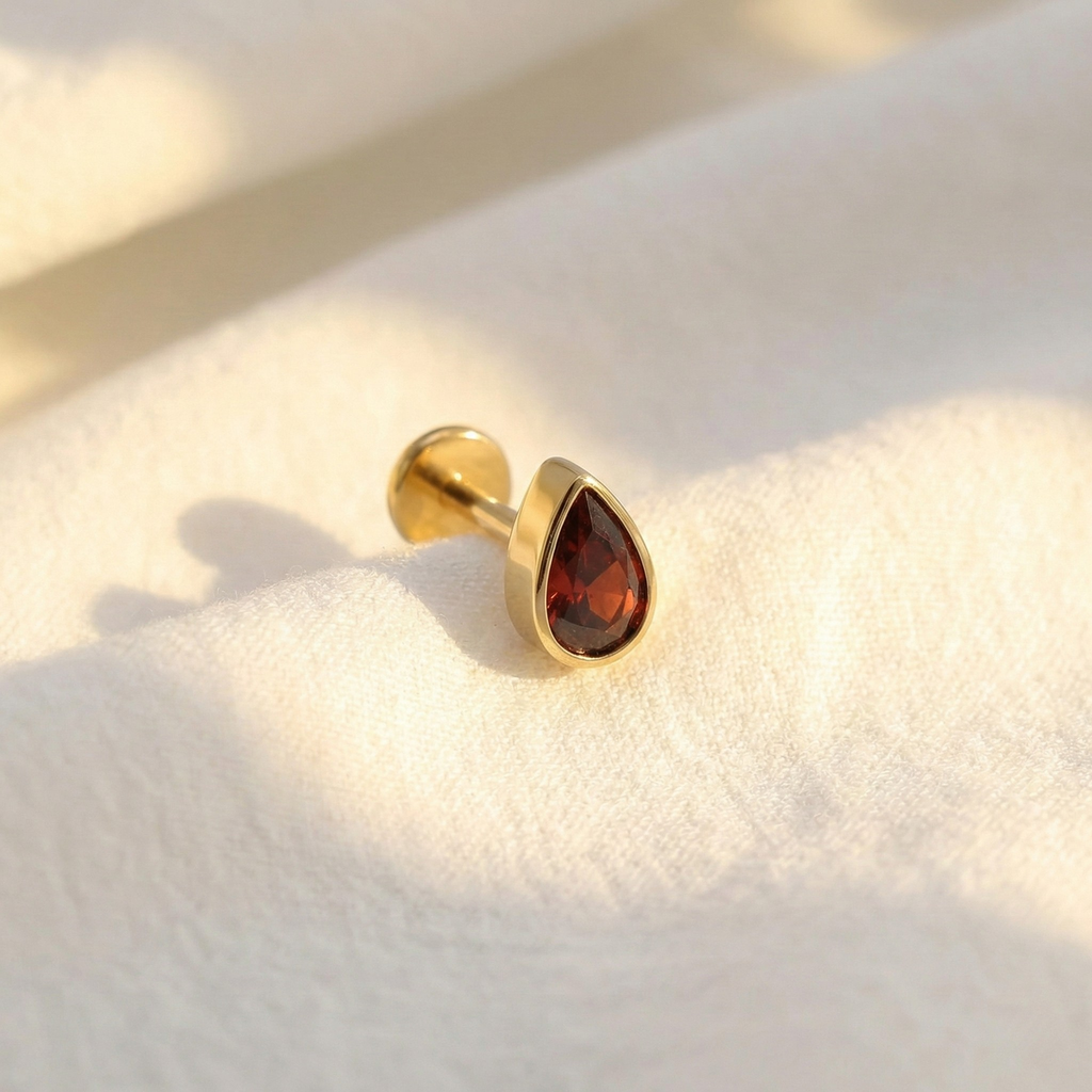 16G Titanium Pear Earring - Red Garnet Helix & Tragus