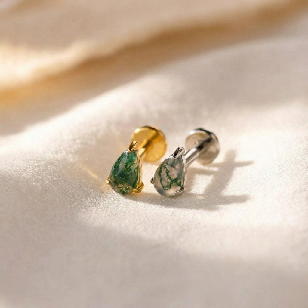 Green Moss Agate Flat Back Earring - 16G Titanium Helix & Tragus Jewelry