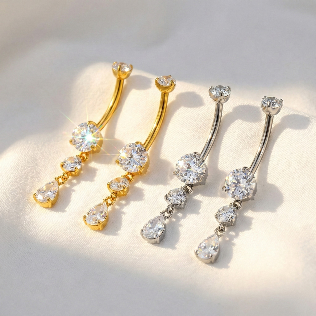 14G Teardrop CZ Dangle Titanium Belly Ring - Sparkly Navel Jewelry ASTM F136