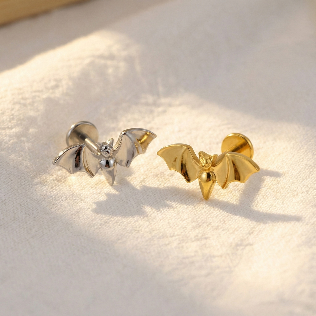 16G Titanium Bat Flatback Stud  Spooky Goth Piercing for Helix, Tragus & Cartilage