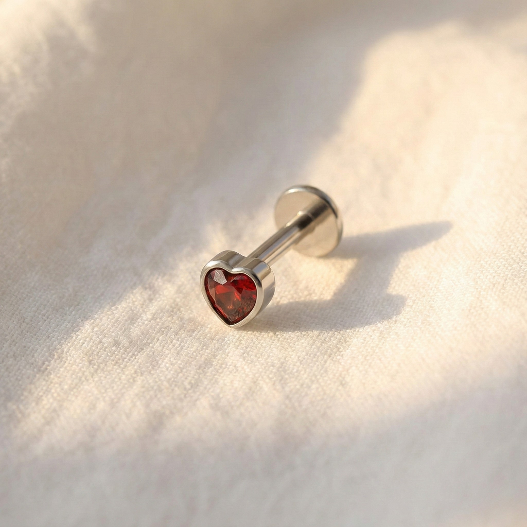 16G Garnet Heart Titanium Flatback - Dark Red CZ Stud for Helix, Tragus & Cartilage