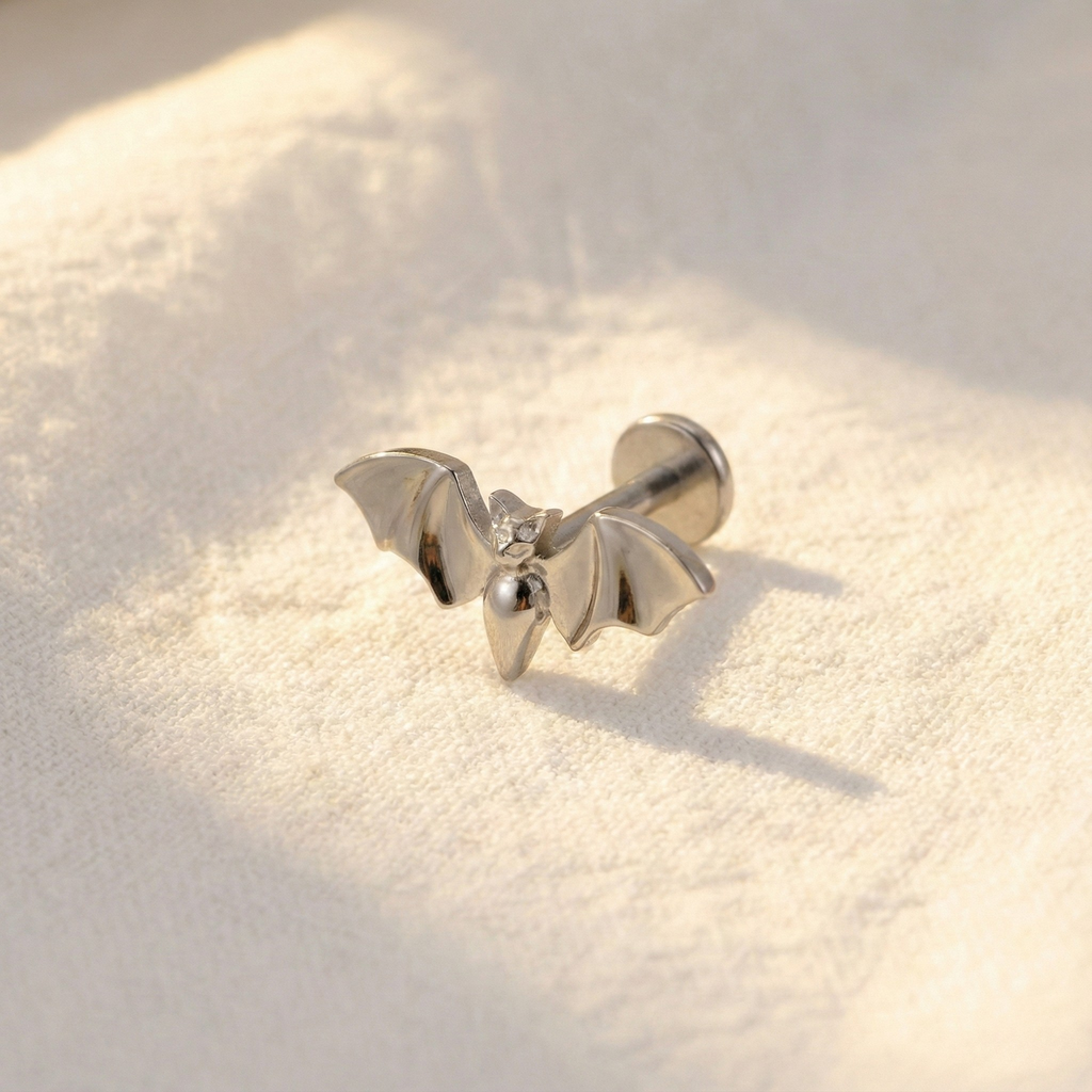 16G Titanium Bat Flatback Stud  Spooky Goth Piercing for Helix, Tragus & Cartilage