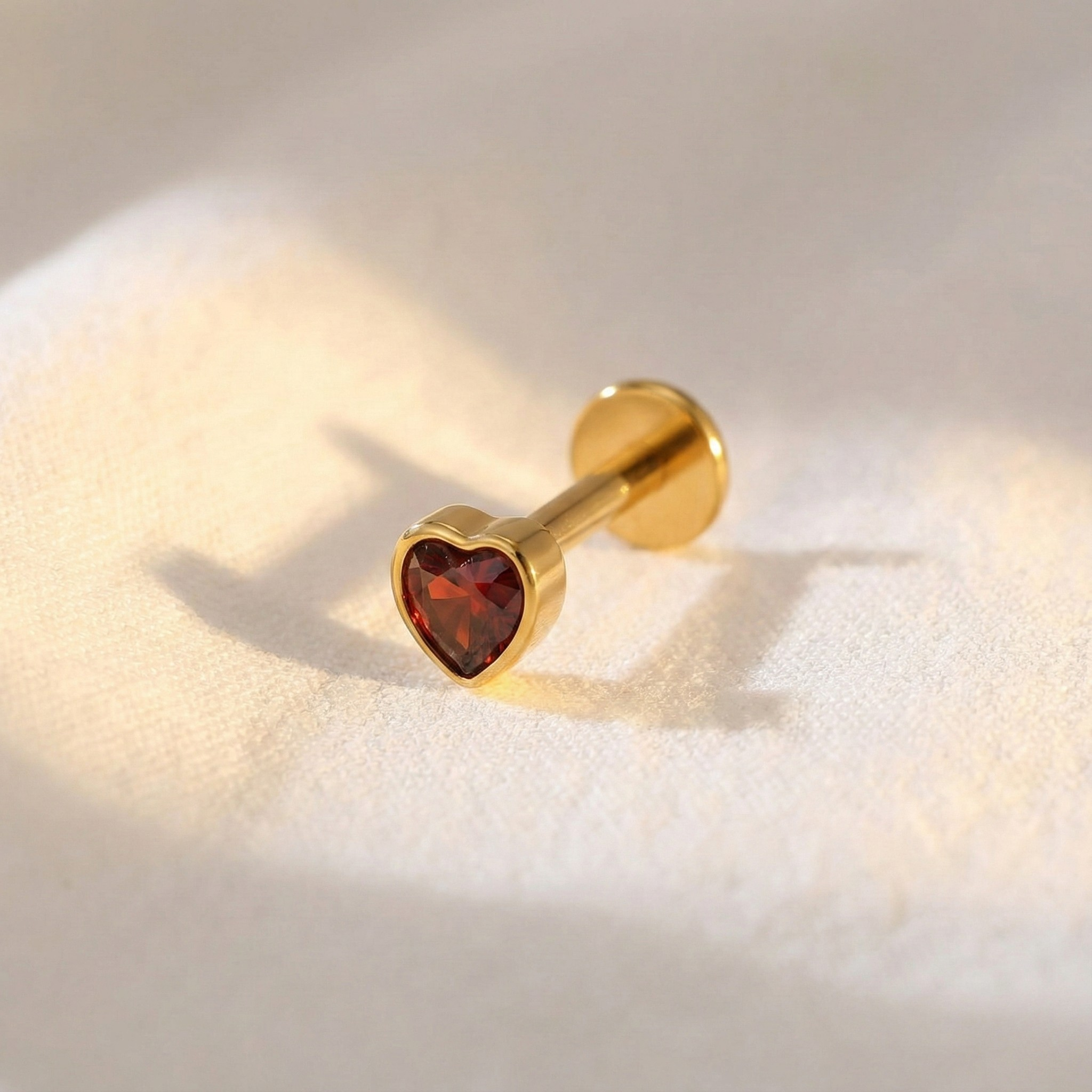 16G Garnet Heart Titanium Flatback - Dark Red CZ Stud for Helix, Tragus & Cartilage