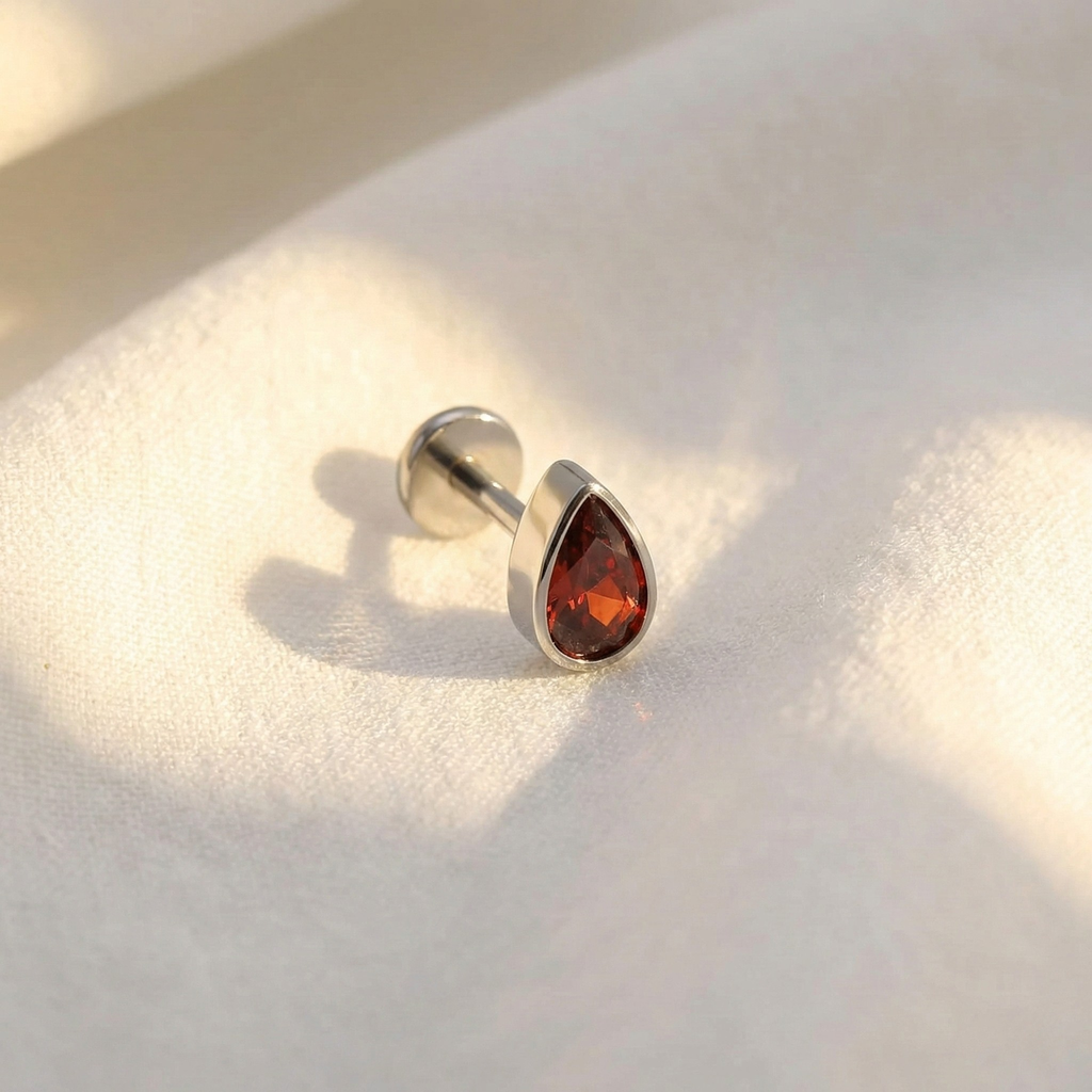 16G Titanium Pear Earring - Red Garnet Helix & Tragus