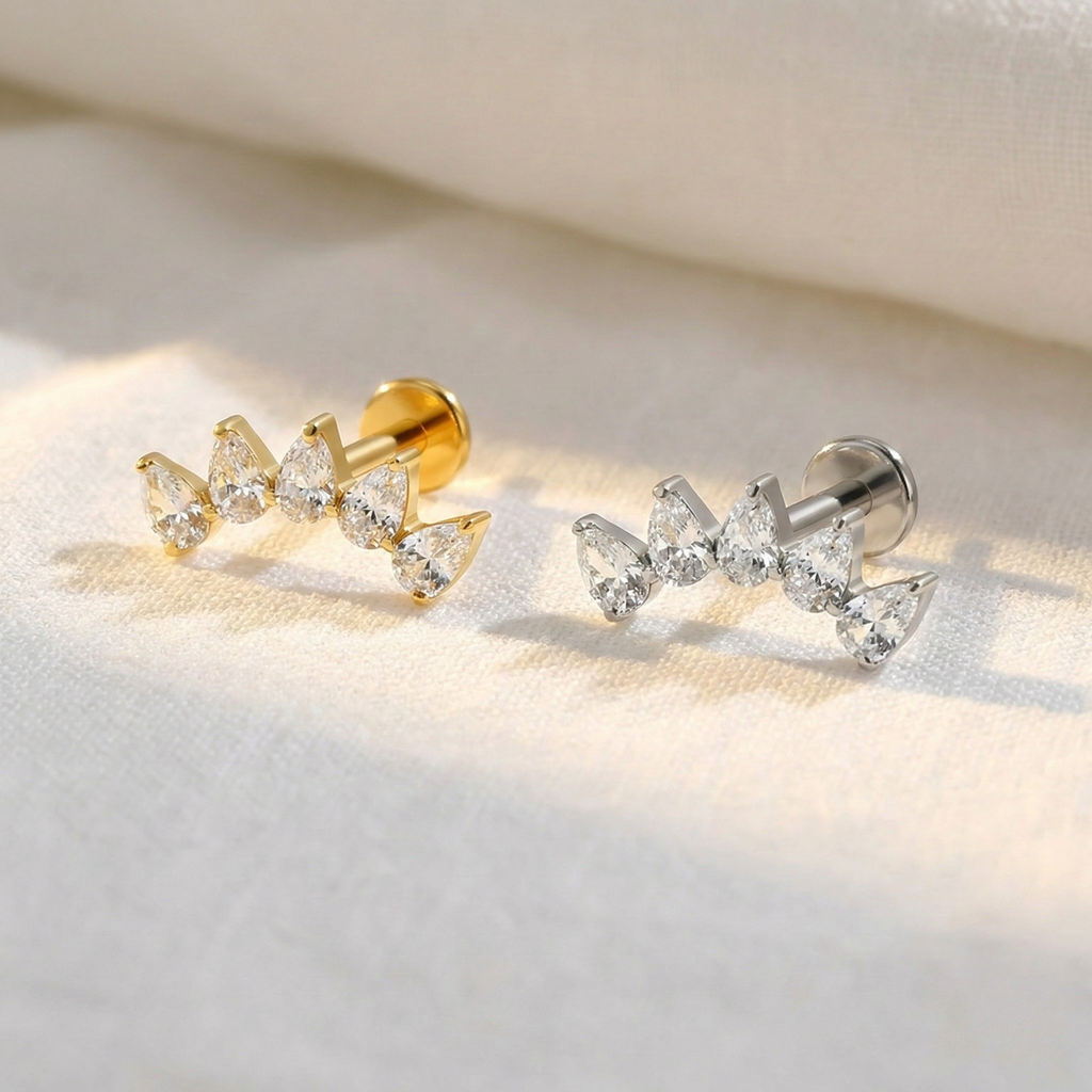 16G Titanium Fan Cluster - Pear CZ Helix & Conch Earring