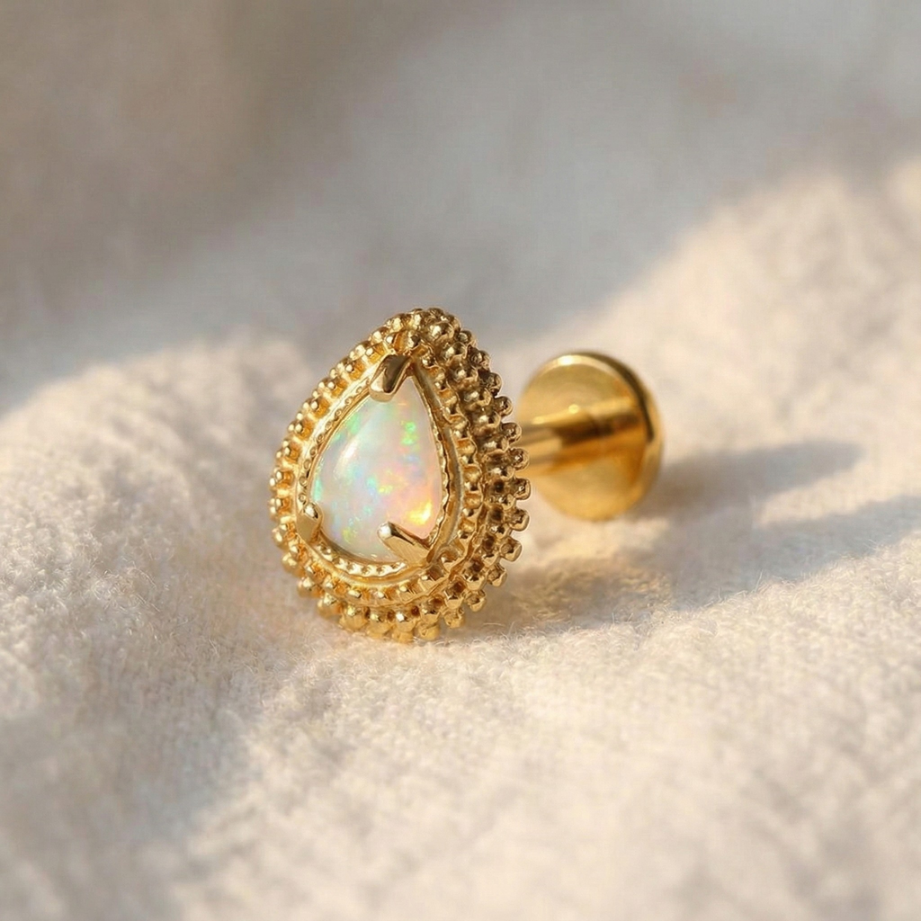 ASTM F136 Titanium Teardrop Opal & CZ Flat Back Stud