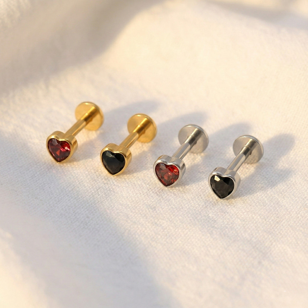 16G Garnet Heart Titanium Flatback - Dark Red CZ Stud for Helix, Tragus & Cartilage