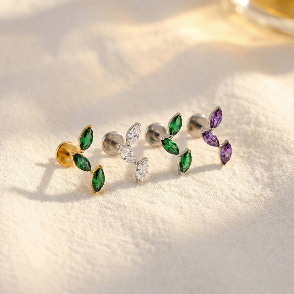 16G Titanium Triple Marquise Fan - CZ Cluster Flatback for Helix, Tragus & Conch