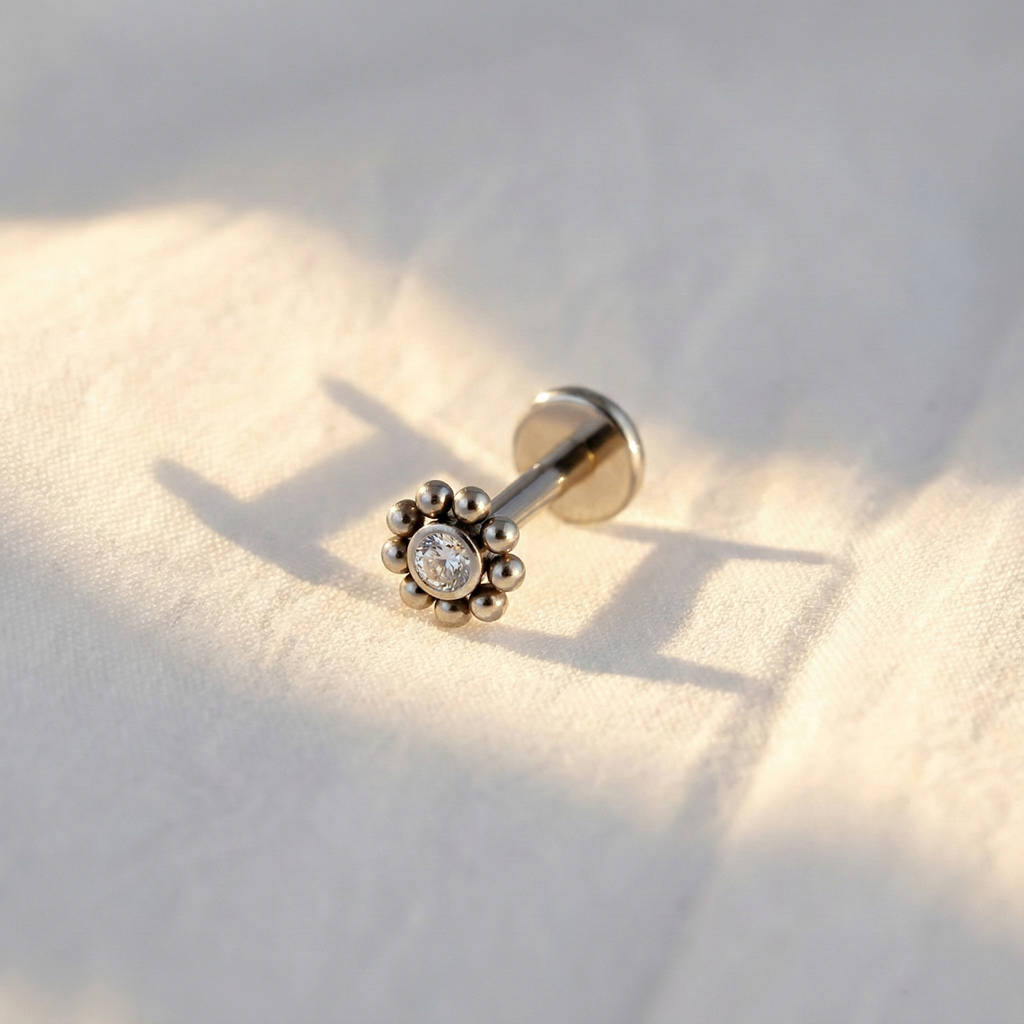 16G Titanium Mini Sun Stud - CZ Beaded Flatback for Helix, Tragus & Conch