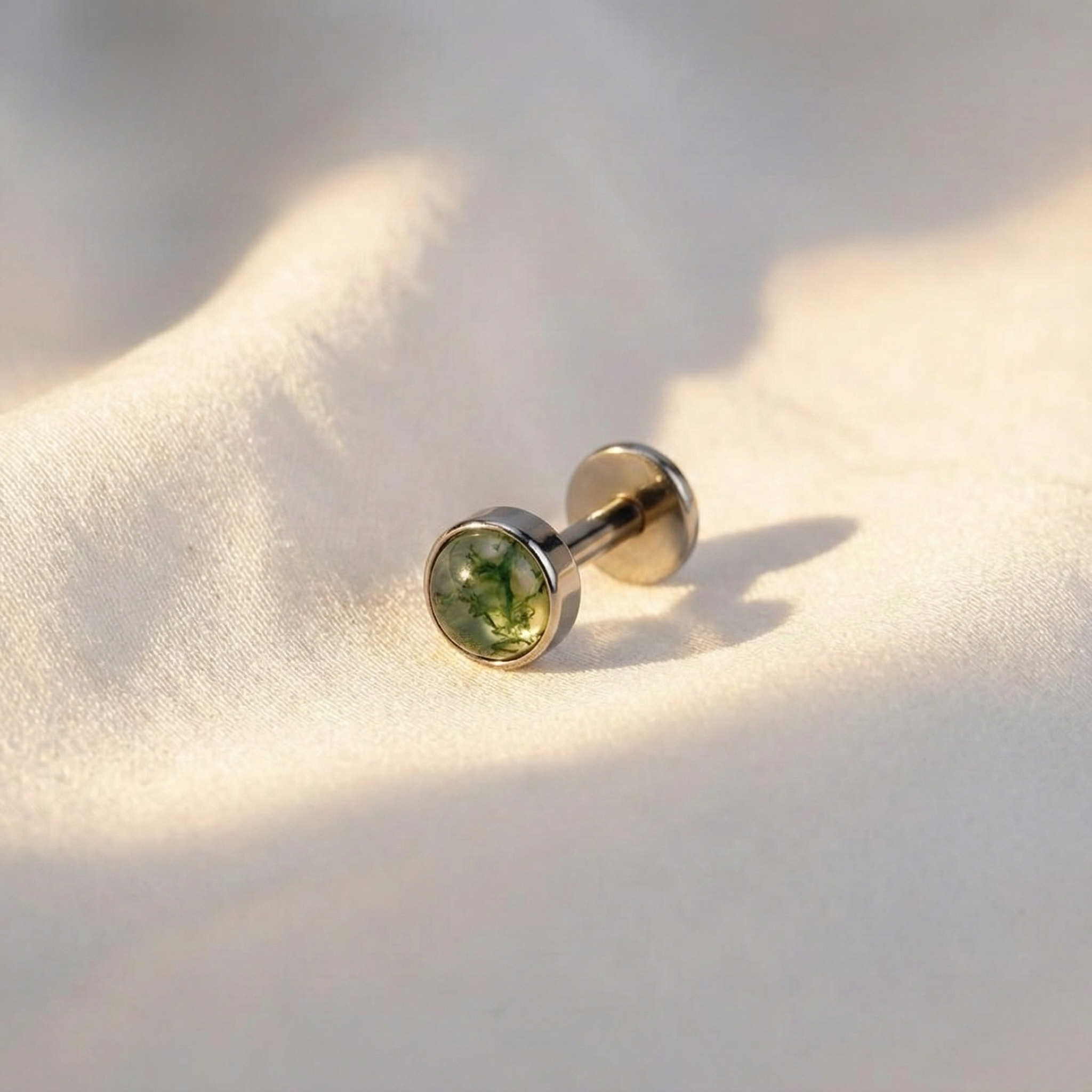 ASTM F136 Titanium Natural Moss Agate Stud (16G)