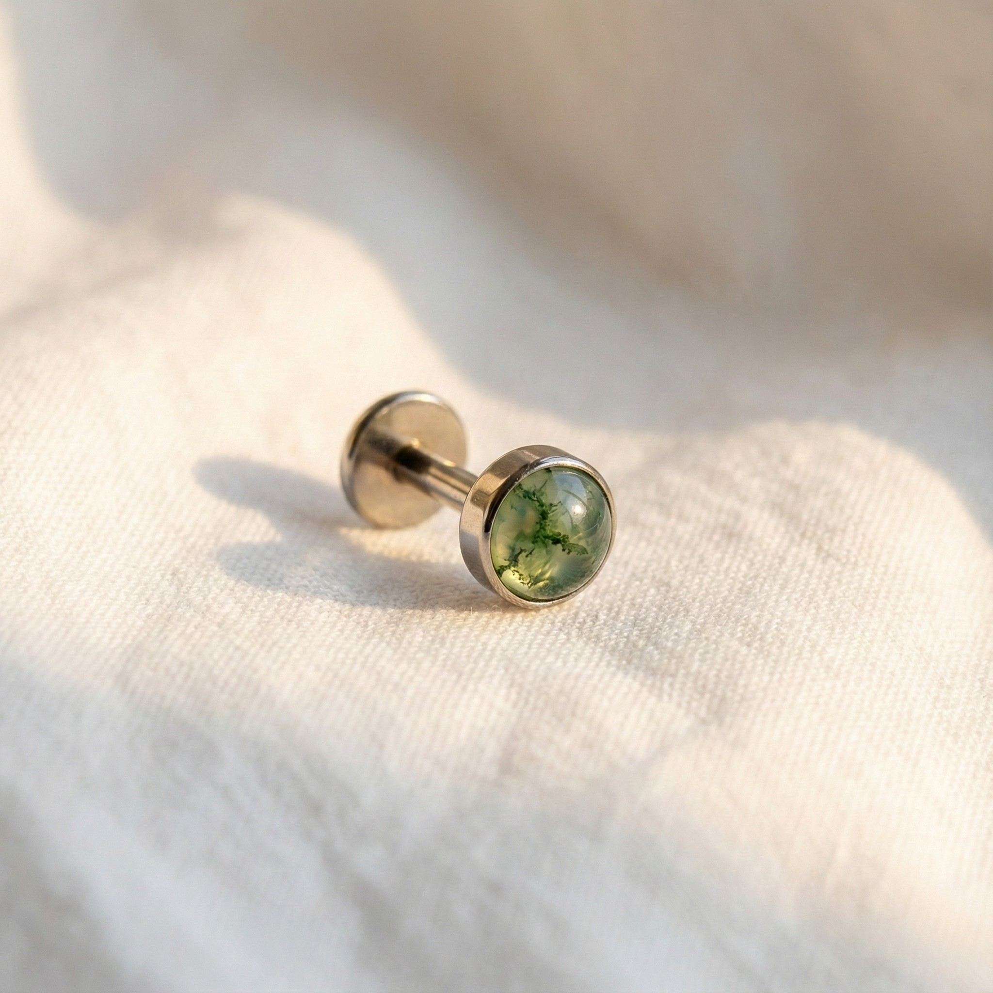 ASTM F136 Titanium Natural Moss Agate Stud (16G)