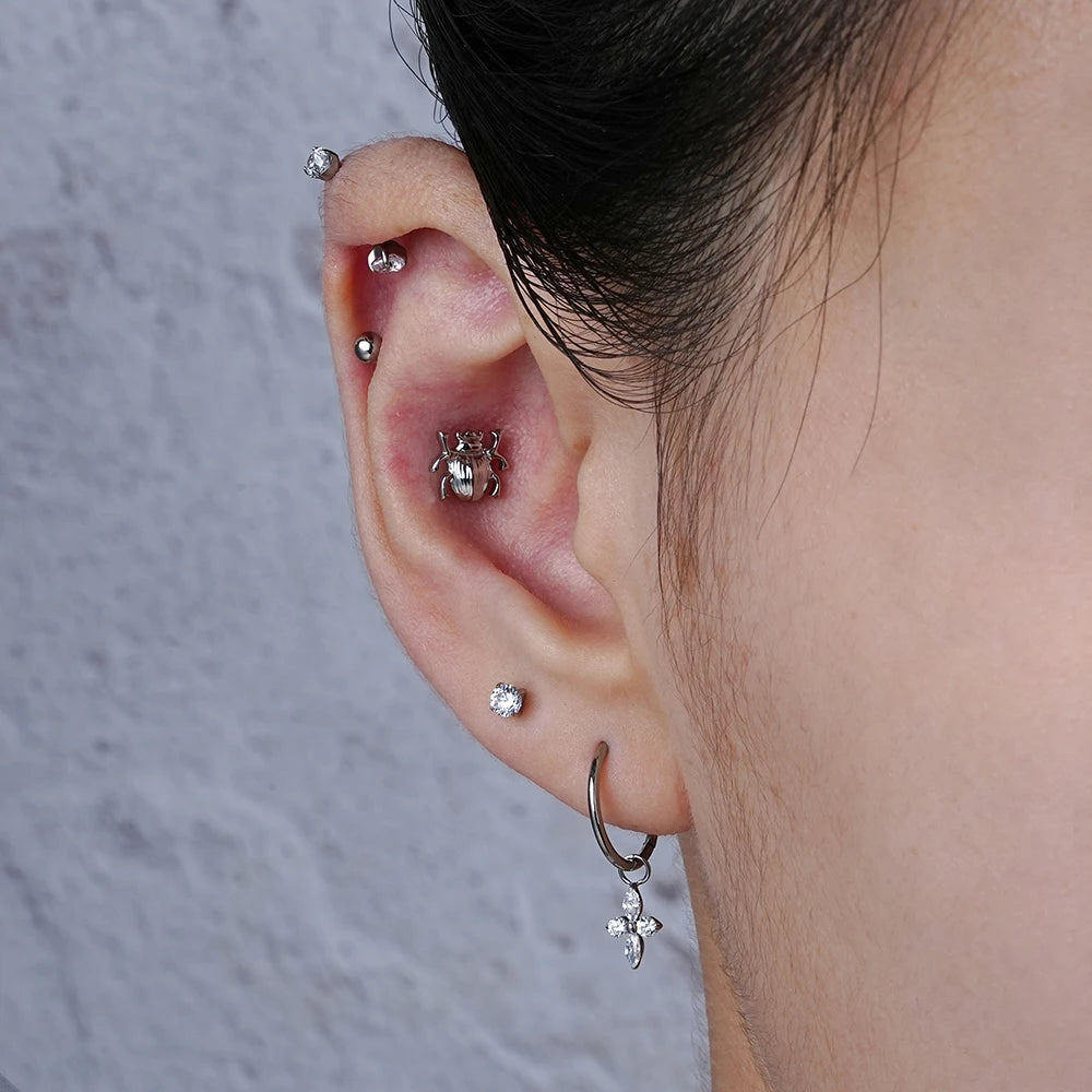 ASTM F136 Titanium 16G Scarab Beetle Cartilage Stud Earring Internally Threaded Insect Helix Earlobe Labret Piercing