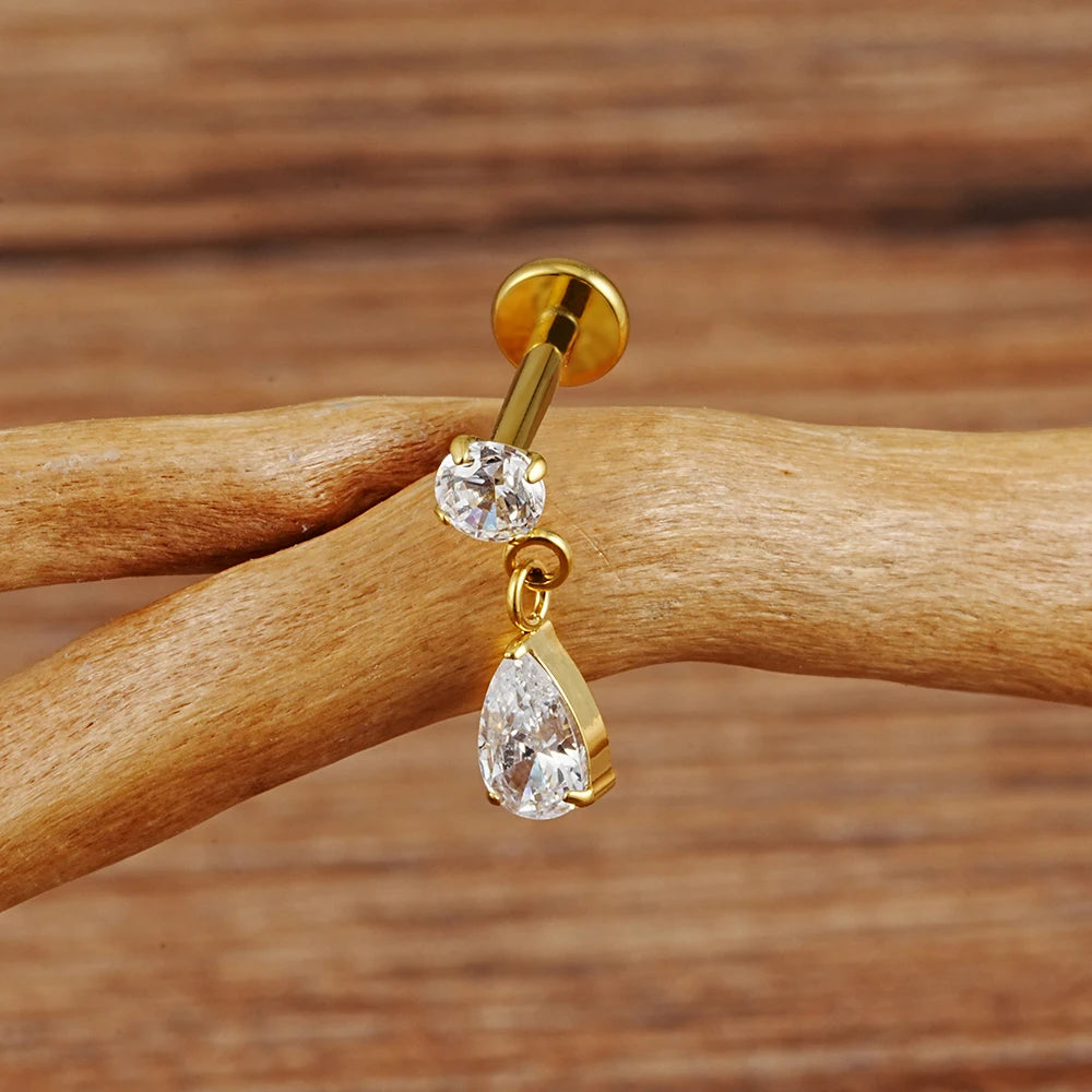 ASTM F136 Titanium 16G Teardrop Dangle CZ Labret Stud Waterdrop Tragus Cartilage Earring Flatback Helix Piercing