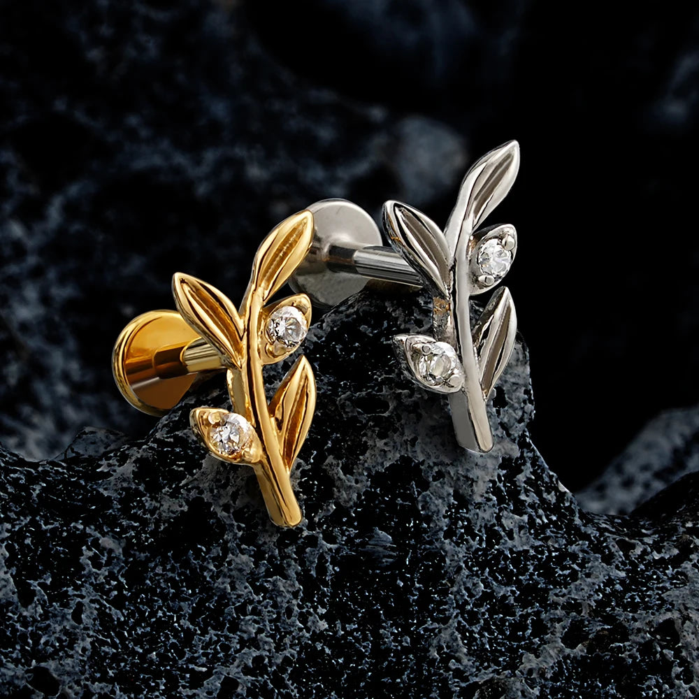 ASTM F136 Titanium 16G Mini Olive Leaf Branch Stud Earring Cartilage Helix Tragus Conch Snug Labret Stud Piercing