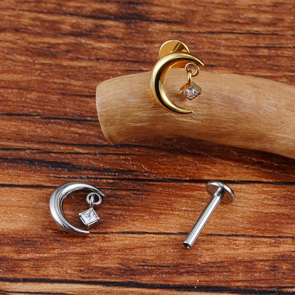 ASTM F136 Titanium 16G CZ Moon Cartilage Earring Tiny Crescent Moon CZ Dangle Helix Tragus Conch Stud Ear Piercing
