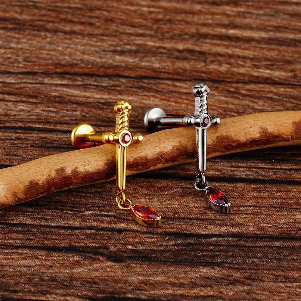 ASTM F136 Titanium 16G Marquise CZ Dangle Dagger Flat Back Labret Sword Stud Earring Cartilage Helix Tragus Piercing