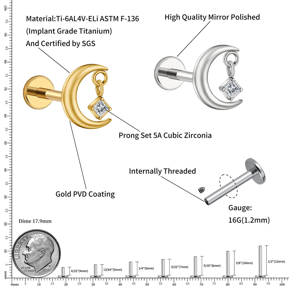 ASTM F136 Titanium 16G CZ Moon Cartilage Earring Tiny Crescent Moon CZ Dangle Helix Tragus Conch Stud Ear Piercing