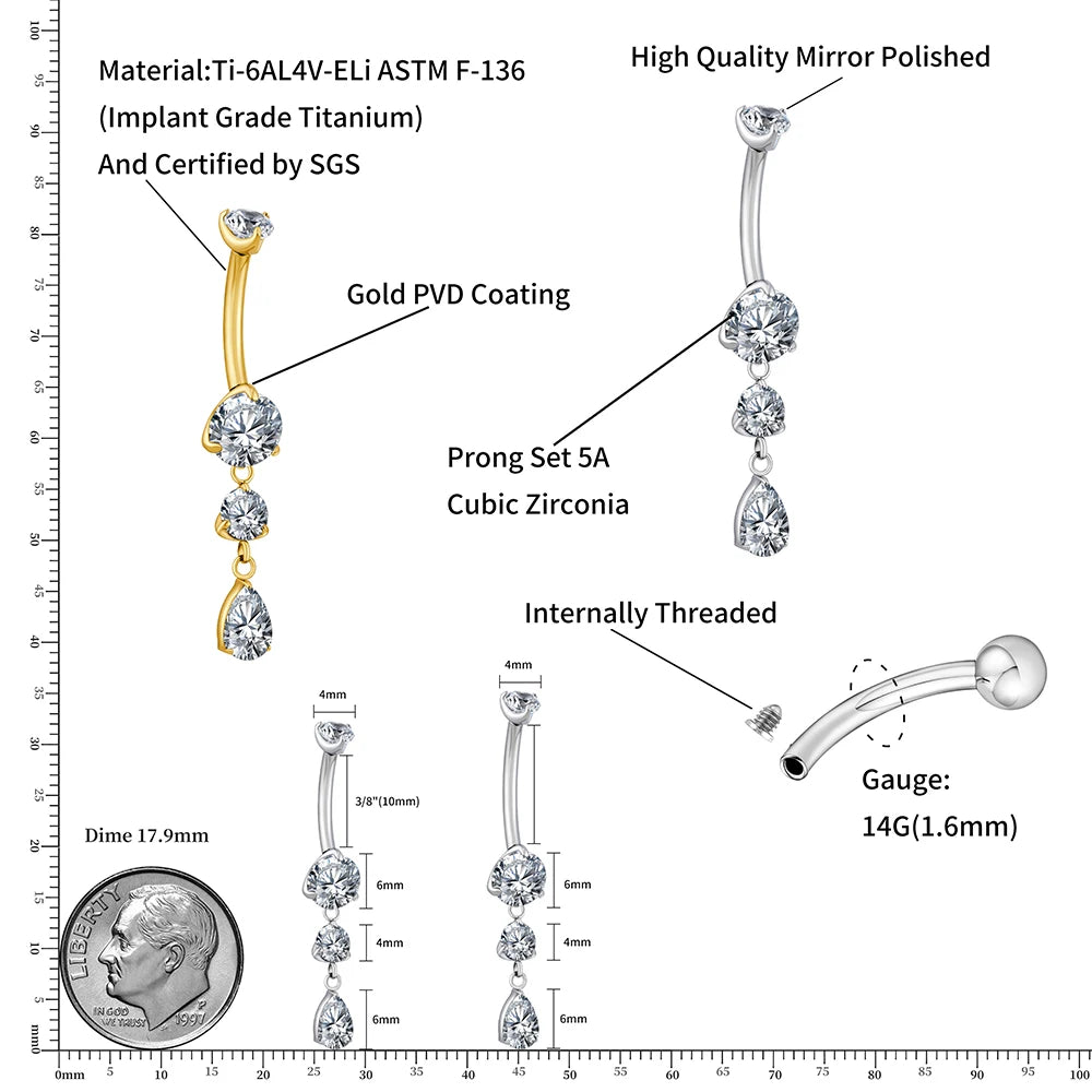 ASTM F136 Titanium 14G Teardrop CZ Dangle Belly Button Navel Ring Dangling CZ Statement Navel Piercing Body Jewelry