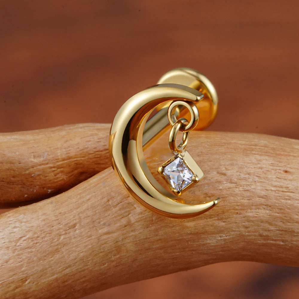 ASTM F136 Titanium 16G CZ Moon Cartilage Earring Tiny Crescent Moon CZ Dangle Helix Tragus Conch Stud Ear Piercing