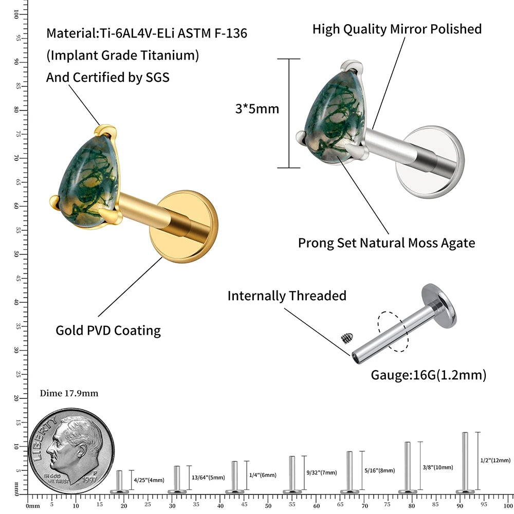 Green Moss Agate Flat Back Earring - 16G Titanium Helix & Tragus Jewelry