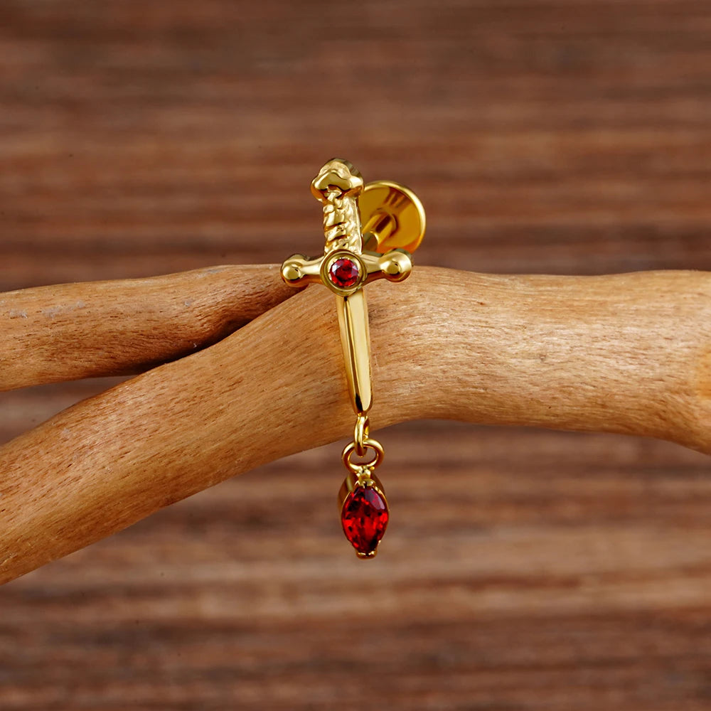 ASTM F136 Titanium 16G Marquise CZ Dangle Dagger Flat Back Labret Sword Stud Earring Cartilage Helix Tragus Piercing