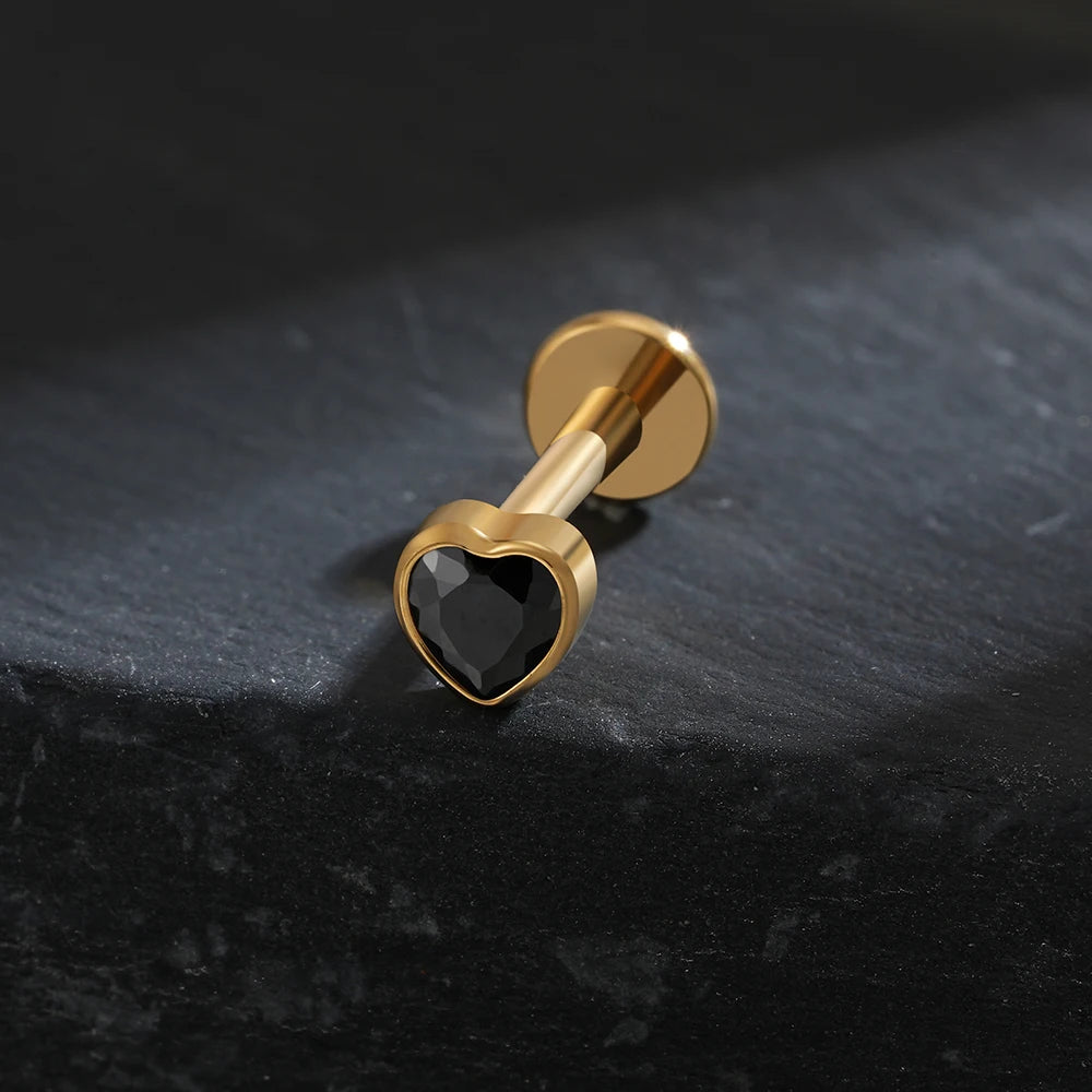 ASTM F136 Titanium Heart Shaped CZ Flat Back Labret Stud 16G Garnet Cartilage Helix Ear Piercing Halloween Jewelry