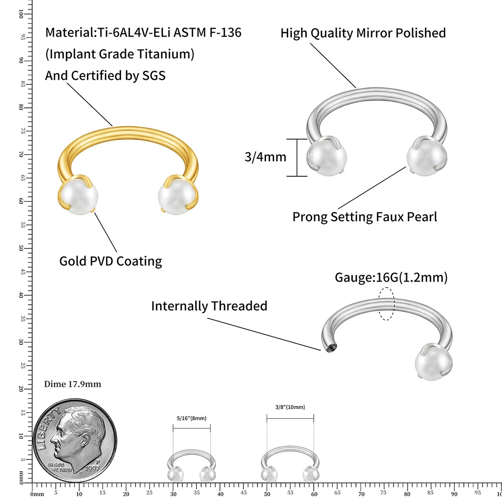 16G Pearl Titanium Horseshoe - Circular Barbell for Septum, Daith & Cartilage