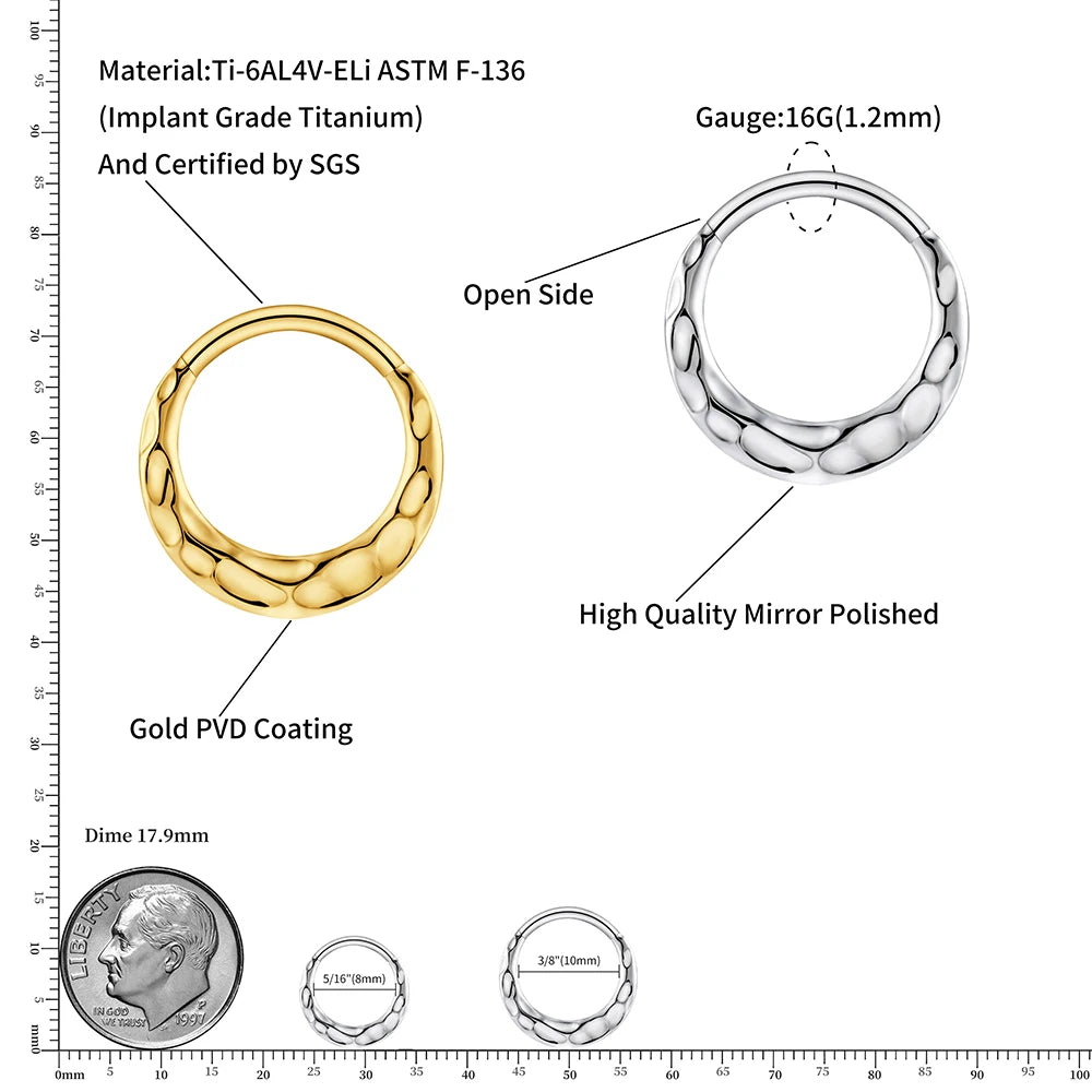 ASTM F136 Titanium 16G Hammered Septum Hoop Ring Textured Hinged Segment Nose Clicker Daith Rook Earring Piercing