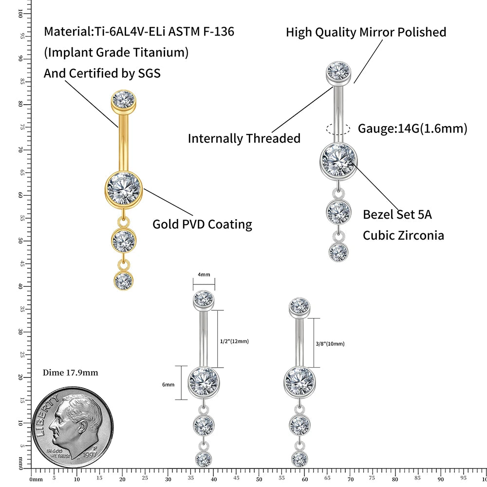 ASTM F136 Titanium Dangle Belly Ring - CZ Drop (14G)