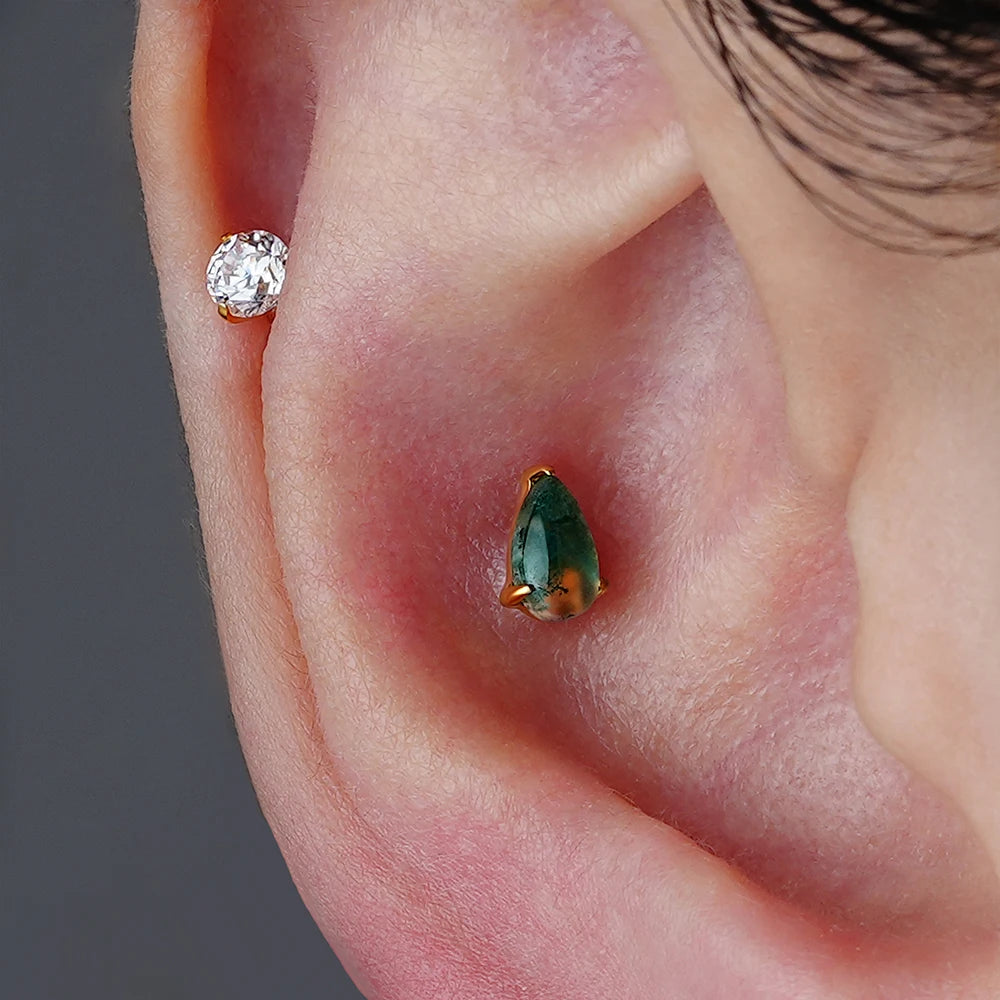 Green Moss Agate Flat Back Earring - 16G Titanium Helix & Tragus Jewelry