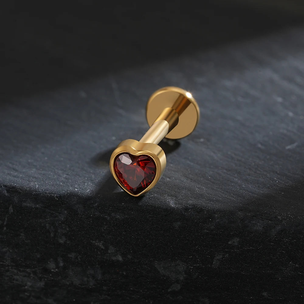 ASTM F136 Titanium Heart Shaped CZ Flat Back Labret Stud 16G Garnet Cartilage Helix Ear Piercing Halloween Jewelry