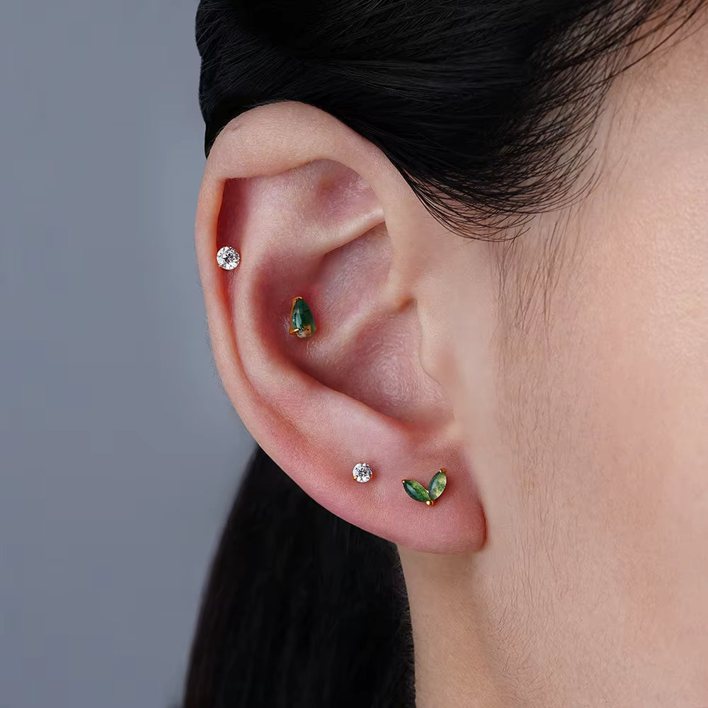 ASTM F136 Titanium 16G Pear Moss Agate Flat Back Labret Stud Natural Stone Cartilage Earring Helix Tragus Piercing