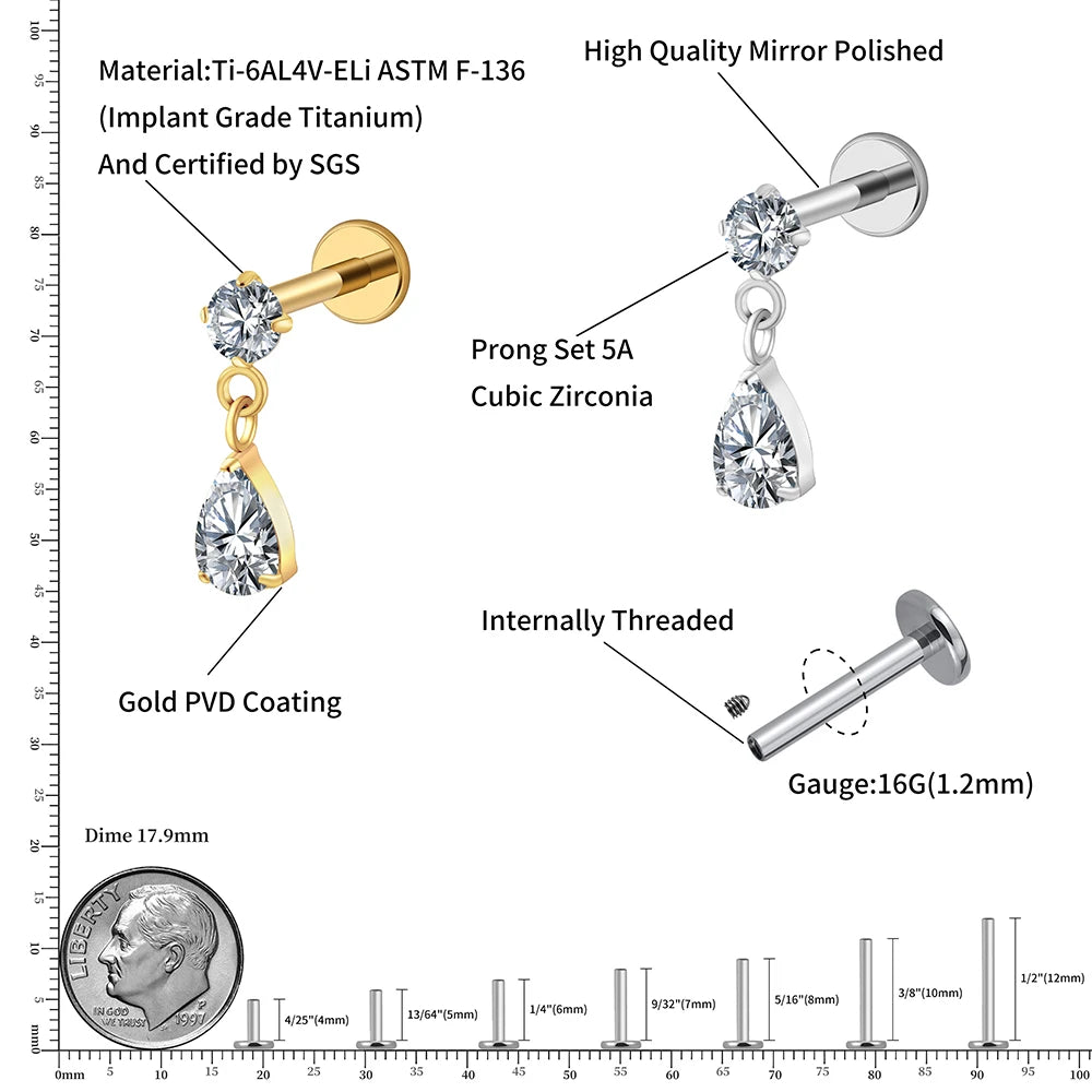 ASTM F136 Titanium 16G Teardrop Dangle CZ Labret Stud Waterdrop Tragus Cartilage Earring Flatback Helix Piercing