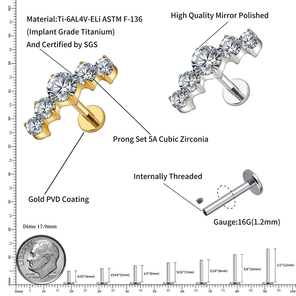 16G Titanium Ear Crawler - Curved CZ Helix & Conch Jewelry