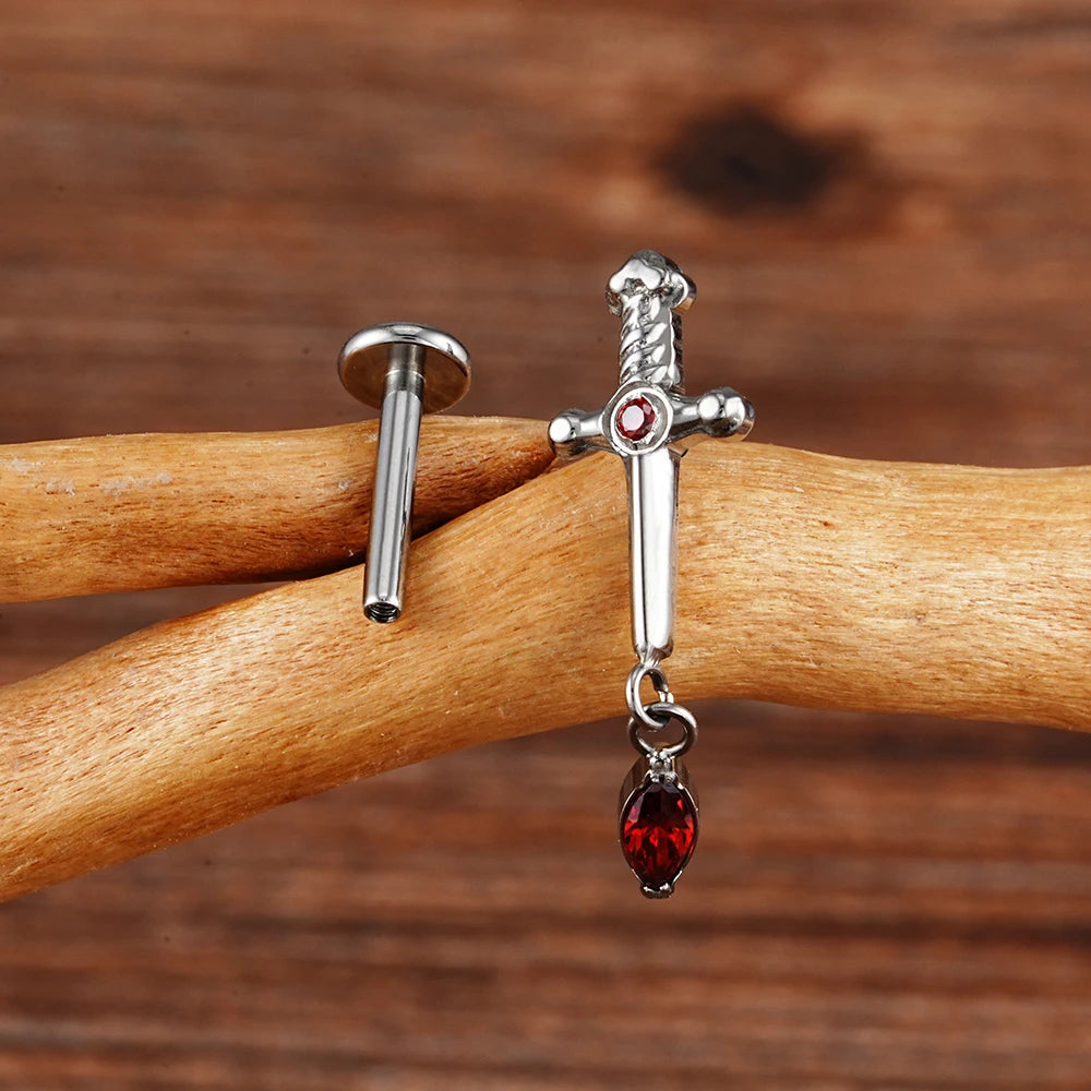 ASTM F136 Titanium 16G Marquise CZ Dangle Dagger Flat Back Labret Sword Stud Earring Cartilage Helix Tragus Piercing