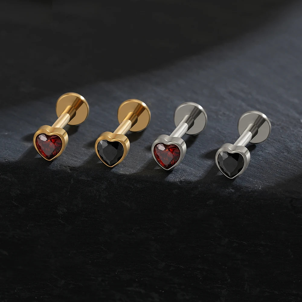 ASTM F136 Titanium Heart Shaped CZ Flat Back Labret Stud 16G Garnet Cartilage Helix Ear Piercing Halloween Jewelry