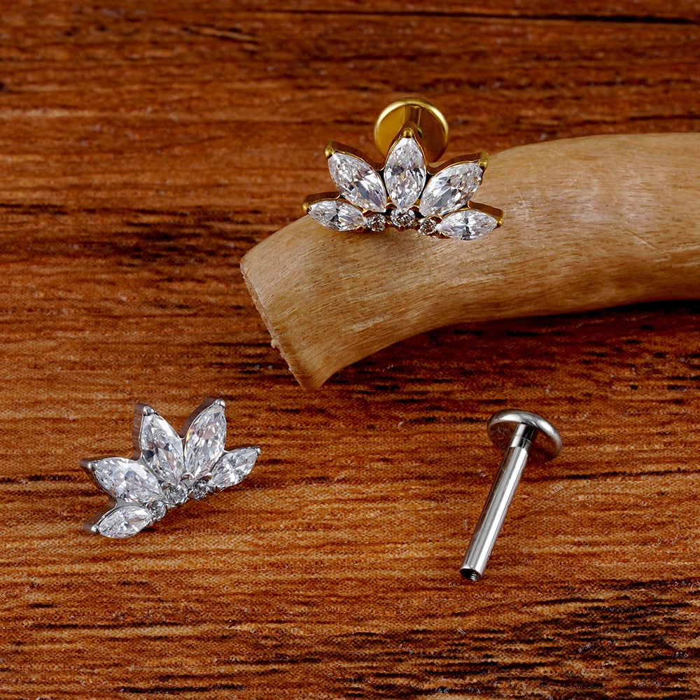 ASTM F136 Titanium 16G Marquise Lotus CZ Flower Flat Back Stud Labret Tragus Helix Cartilage Conch Earring Piercing