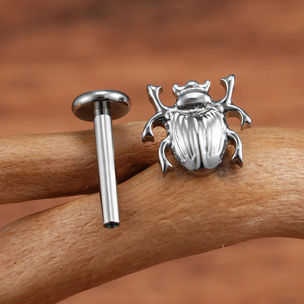 ASTM F136 Titanium 16G Scarab Beetle Cartilage Stud Earring Internally Threaded Insect Helix Earlobe Labret Piercing