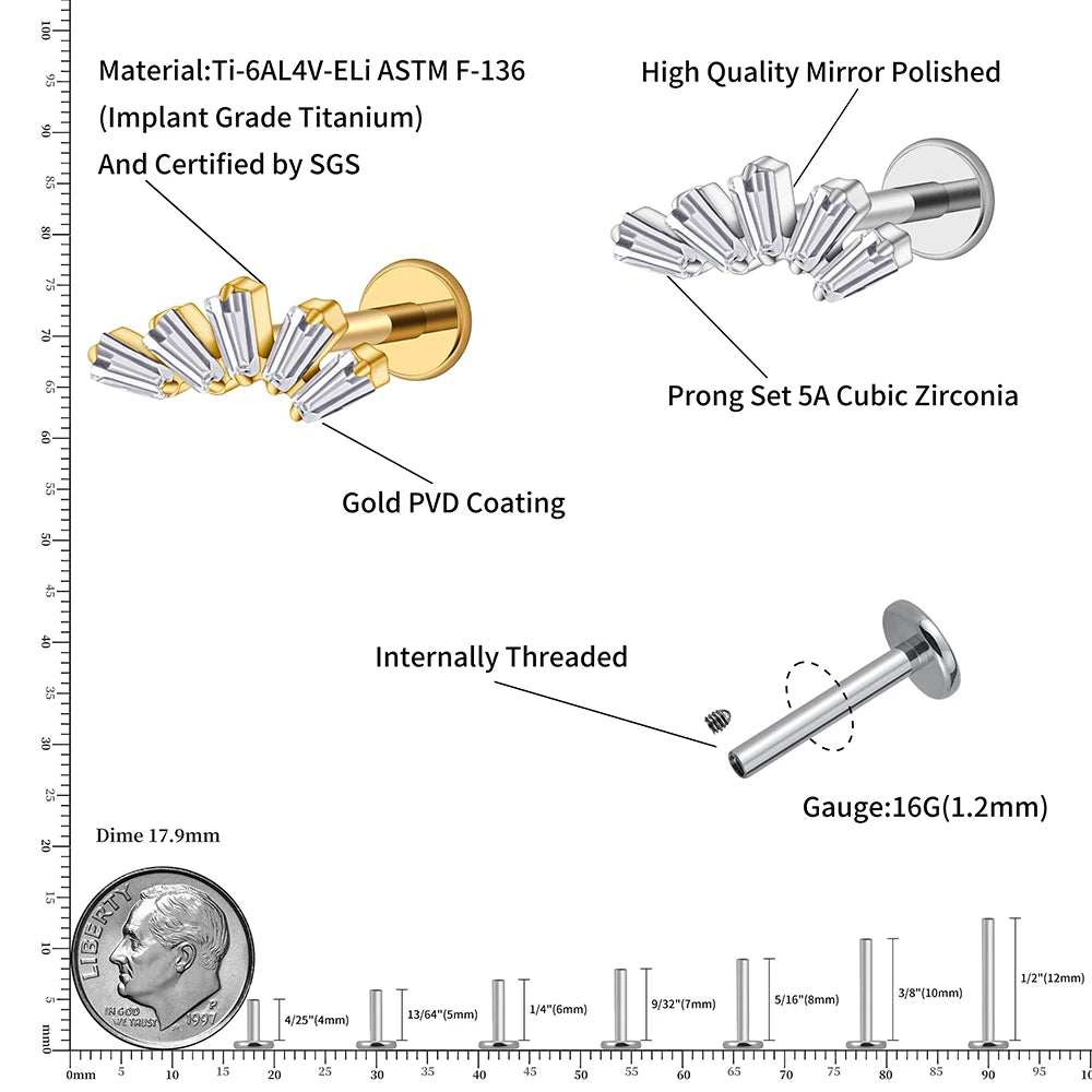 ASTM F136 Titanium Baguette Trapezoid Cluster Stud (16G)
