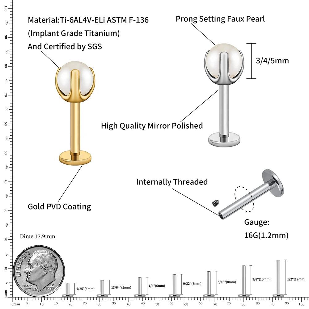 ASTM F136 Titanium 16G White Pearl Stud Earring Tragus Helix Cartilage Conch Earring Nose Stud Labret Ring Piercing