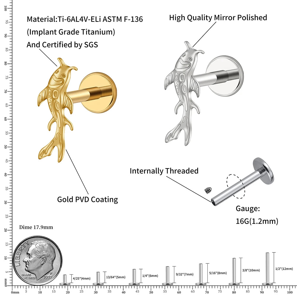 ASTM F136 Titanium Koi Fish Stud (16G) - Flat Back