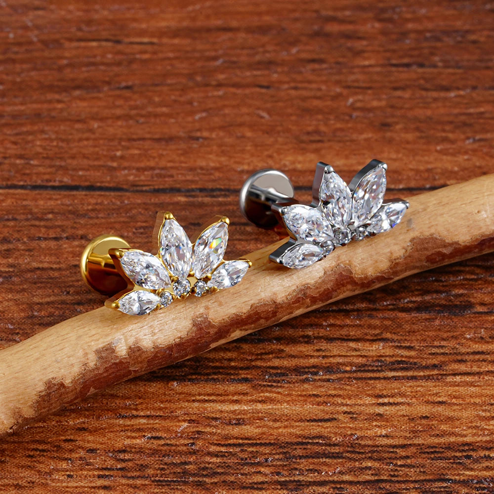 ASTM F136 Titanium 16G Marquise Lotus CZ Flower Flat Back Stud Labret Tragus Helix Cartilage Conch Earring Piercing