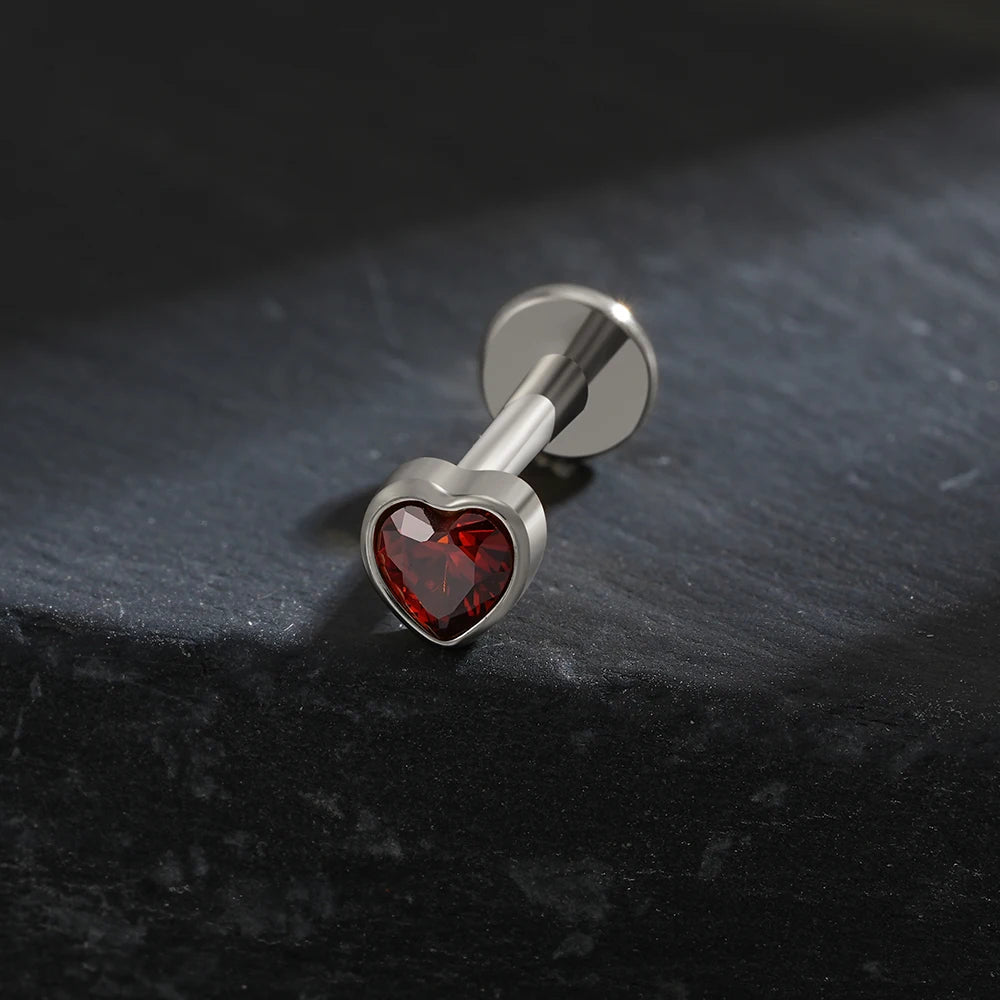 ASTM F136 Titanium Heart Shaped CZ Flat Back Labret Stud 16G Garnet Cartilage Helix Ear Piercing Halloween Jewelry