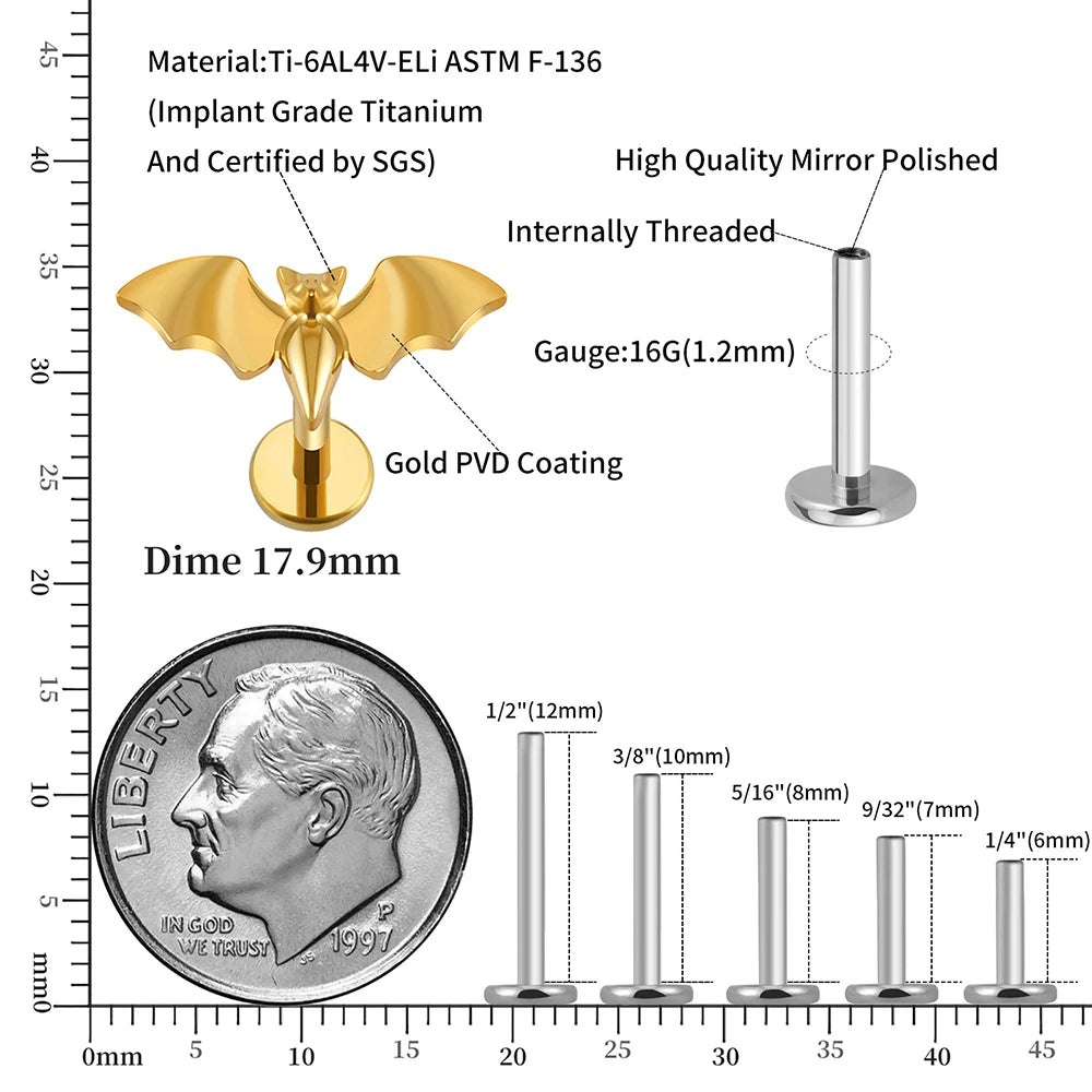 16G Titanium Bat Flatback Stud  Spooky Goth Piercing for Helix, Tragus & Cartilage