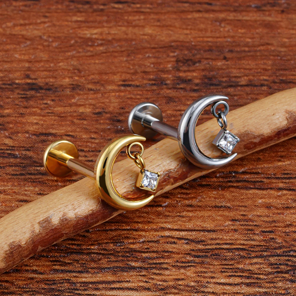 ASTM F136 Titanium 16G CZ Moon Cartilage Earring Tiny Crescent Moon CZ Dangle Helix Tragus Conch Stud Ear Piercing