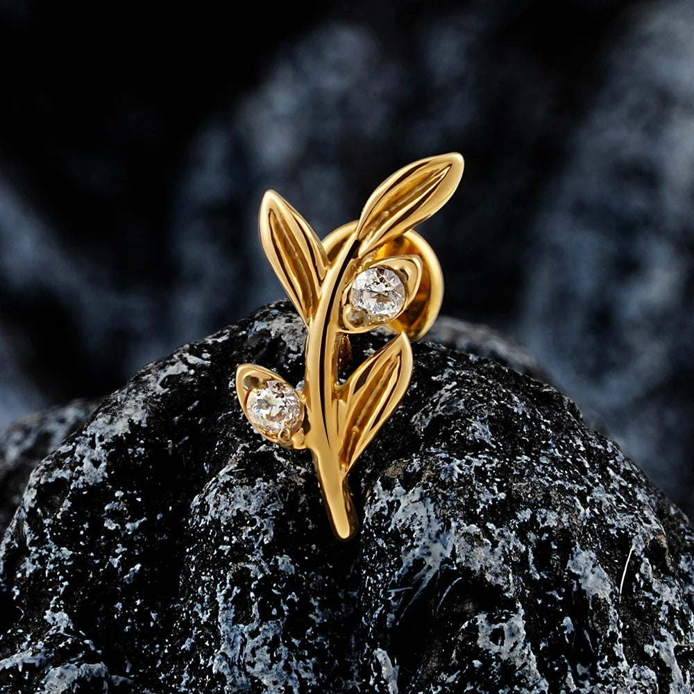 ASTM F136 Titanium 16G Mini Olive Leaf Branch Stud Earring Cartilage Helix Tragus Conch Snug Labret Stud Piercing